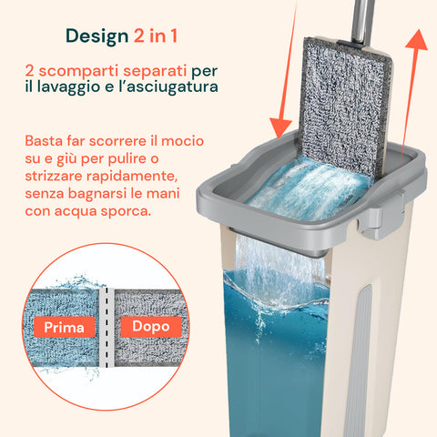 Lavapavimenti Mopo Wash 8L con Bastone Snodabile e Secchio Diviso e 2 Panni