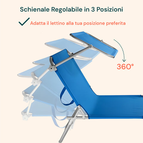 Lettino blu con schienale regolabile in 3 posizioni e rotazione 360 gradi, adatta il lettino alla tua posizione preferita per comfort massimo