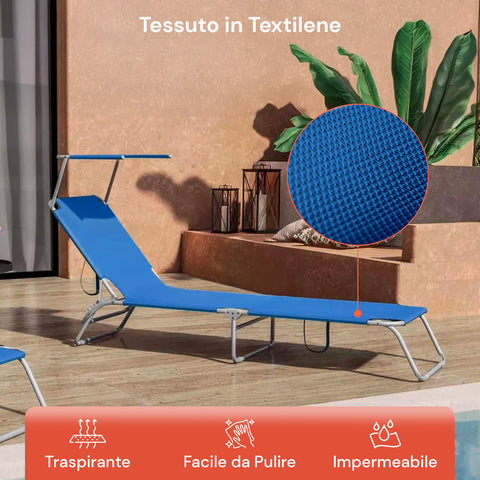 Lettino con tessuto in textilene traspirante, facile da pulire e impermeabile, dettaglio del materiale blu resistente agli agenti atmosferici