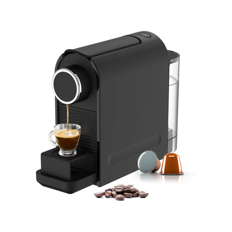 Macchina caffè nera elegante compatibile capsule Nespresso con chicchi di caffè, design moderno per espresso perfetto a casa
