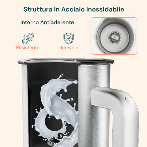 Montalatte Elettrico in Acciaio Inox con Interno Antiaderente e 4 Programmi