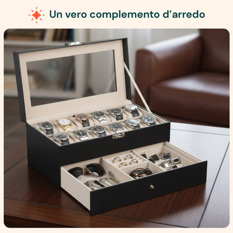 Organizer Porta Orologi e Gioielli in Pelle Nera con Coperchio in Vetro