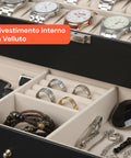 Organizer Porta Orologi e Gioielli in Pelle Nera con Coperchio in Vetro