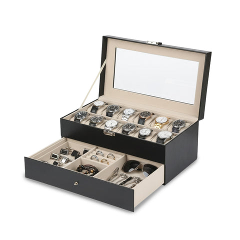Organizer für Uhren und Schmuck, schwarzes Leder mit Glasdeckel