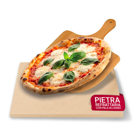 Set aus Schamottstein und Bambusschaufel für knusprige hausgemachte Pizza