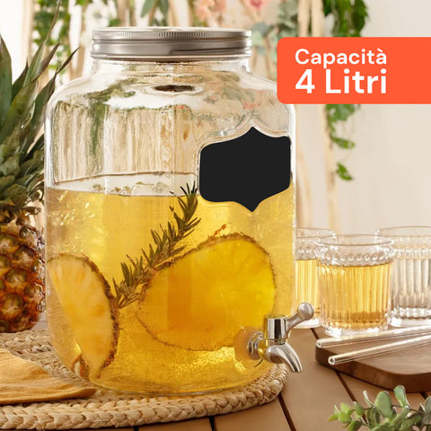 Set 2 Dispenser Bevande Vetro 4L con Rubinetto e Supporto in Metallo