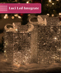 Set 3 Pacchetti Regalo Decorativi – Forme Rotonde o Quadrate con Nastro Colorato e Luci LED