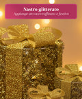 Set 3 Pacchetti Regalo Decorativi – Forme Rotonde o Quadrate con Nastro Colorato e Luci LED