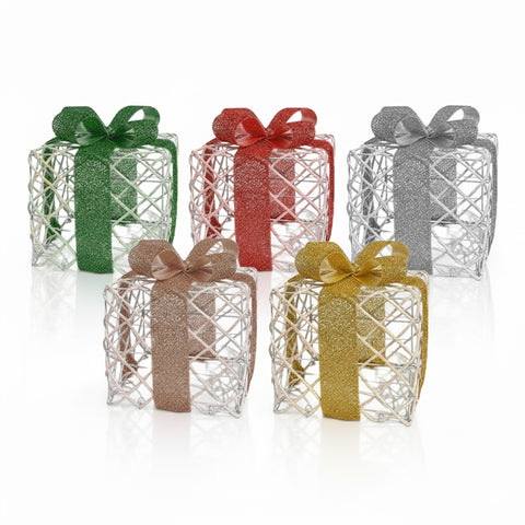 3er-Set dekorative Geschenkpakete – runde oder quadratische Formen mit farbigem Band und LED-Lichtern