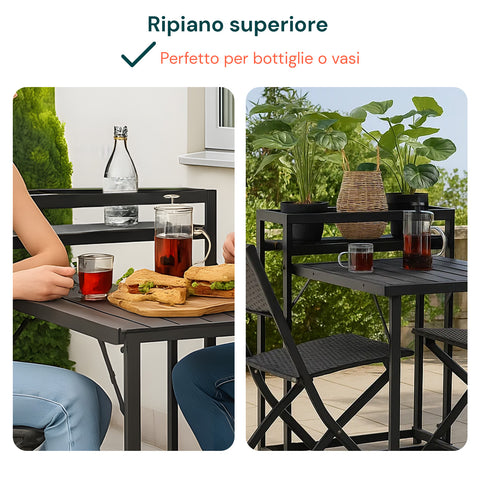 Set tavolo e sedie pieghevoli con meccanismo di chiusura compatto per spazi esterni, facile da riporre