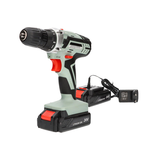Trapano avvitatore 20V con batteria al litio 1300mAh e caricabatterie incluso, design verde e nero ergonomico