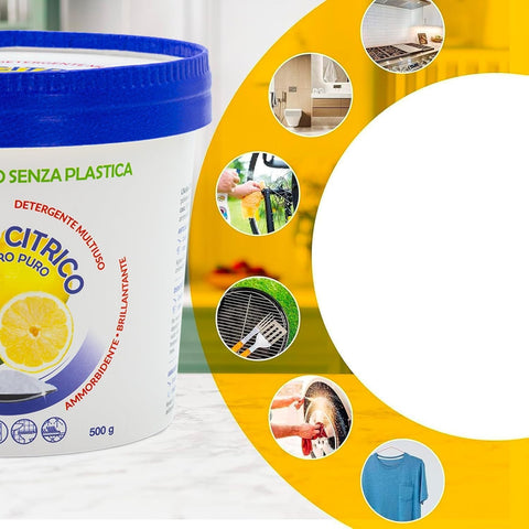 Confezione acido citrico 500g con esempi di utilizzo: anticalcare, disincrostante, ammorbidente e brillantante naturale