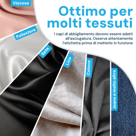 Asciugabiancheria ottimo per molti tessuti: viscosa, poliestere, seta, lino, cotone e jeans, adatto all'abbigliamento