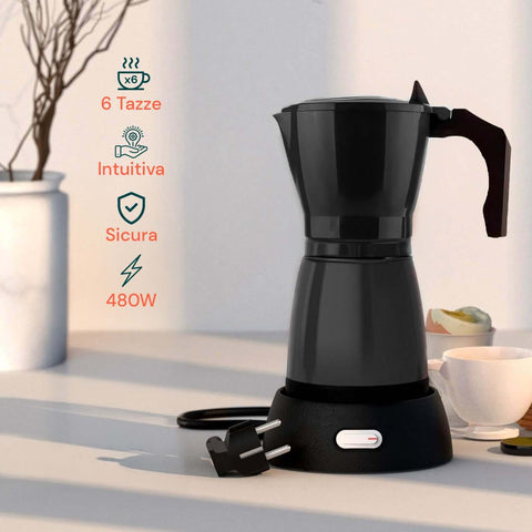 Moka Elettrica DeMaison nera da 6 tazze con caratteristiche principali: intuitiva, sicura e potente 480W, caffettiera elettrica dal design moderno per colazione quotidiana