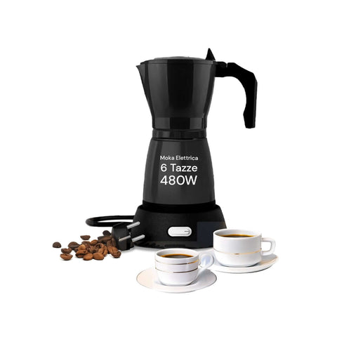 Moka Elettrica DeMaison 6 Tazze 480W nera con tazzine da caffè e chicchi, caffettiera elettrica elegante per preparare un espresso italiano velocemente a casa o in ufficio