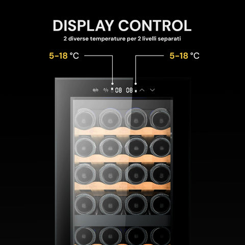 Display controllo cantinetta vini da 44 bottiglie 130 litri con doppia temperatura 5-18°C per 2 livelli separati e ripiani in legno