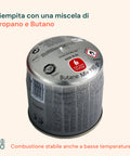 Cartuccia riempita con miscela di propano e butano per combustione stabile anche a basse temperature outdoor