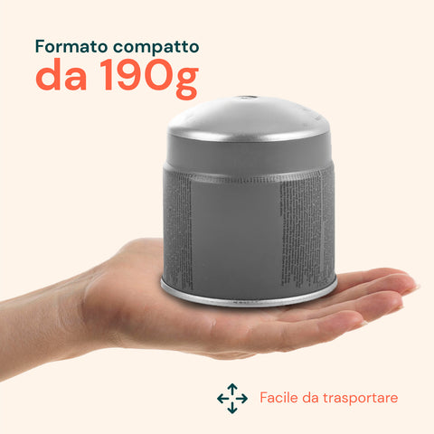 Formato compatto da 190g facile da trasportare in zaino e borse da viaggio, cartuccia gas leggera e maneggevole