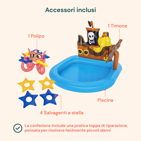 Piscina Gonfiabile a Forma di Nave Pirata con Giochi e Accessori per Bambini 140x130cm Ean-6942138934519