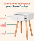 Comodino in bambù bianco con cassetto aperto, dimensioni ripiano 40x30 cm, realizzato con materiale resistente e bambù naturale