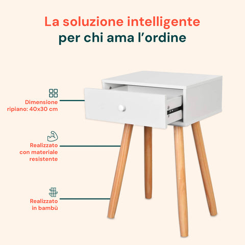 Comodino in bambù bianco con cassetto aperto, dimensioni ripiano 40x30 cm, realizzato con materiale resistente e bambù naturale