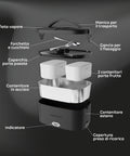 Componenti scaldavivande elettrico 3 in 1: contenitore acciaio inox, 2 contenitori porta frutta, posate, manico trasporto e coperchio