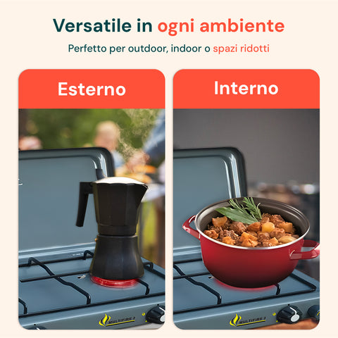 Fornello Esterno 2 Fuochi Inox Grigio per Riscaldo e Cottura in Campeggio