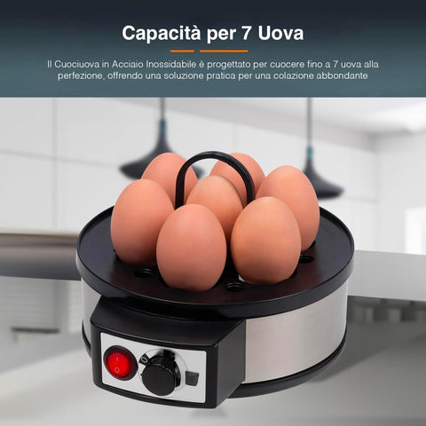Cuociuova acciaio inossidabile capacita 7 uova vassoio nero portauova maniglia ergonomica pulsante accensione rosso timer regolabile cucina moderna colazione famiglia