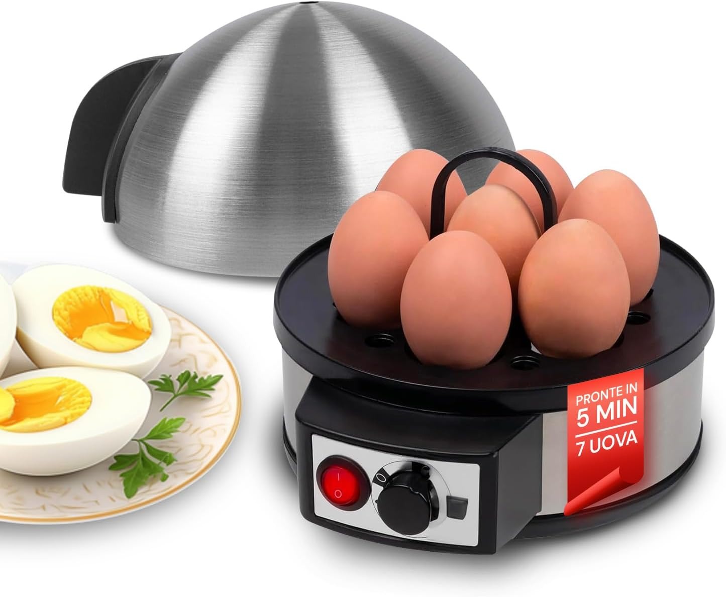 Cuociuova elettrico con capacità 7 uova, coperchio in acciaio inox, timer regolabile e piatto con uova sode tagliate, pronto in 5 minuti