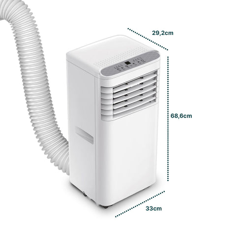 Condizionatore portatile Chigo dimensioni compatte 68,6x33x29,2 cm con display digitale, ruote per mobilità e tubo flessibile
