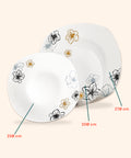 Servizio tavola Avilia con dimensioni precise: piatti quadrati 23cm, 20cm e 27cm con elegante decorazione Narciso floreale multicolore