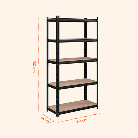 Dimensioni scaffale 180x90x40cm con 5 ripiani in MDF laminato effetto legno, struttura acciaio verniciato nero resistente