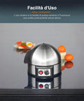 Cuociuova intuitivo facile da pulire con superficie in acciaio inox, pulsante di accensione rosso e manopola di controllo, perfetto per cucina minimalista