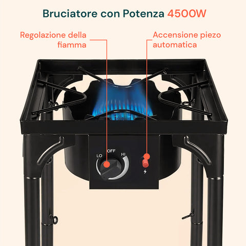Fornellone da Cottura a Gas con Gambe Regolabili e Accensione Piezo 4,5 Kw