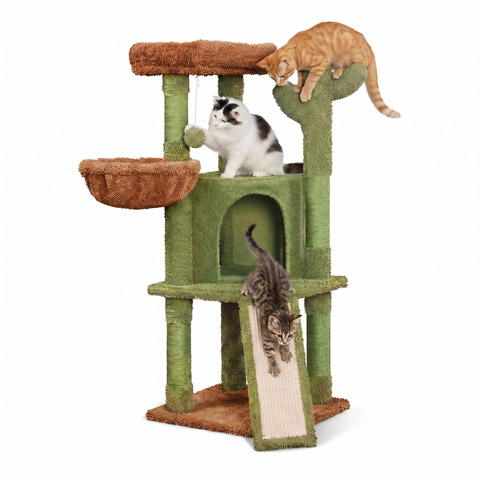 Kratzbaum für Katzen, Kaktusform 106,5 cm – aus Natur-Sisal mit Katzenhöhle, Korbbett und Spielball