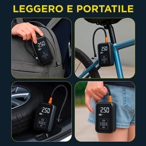 Mini compressore portatile e leggero mostrato in diverse situazioni d'uso: nello zaino, per biciclette, pneumatici auto e trasporto a mano