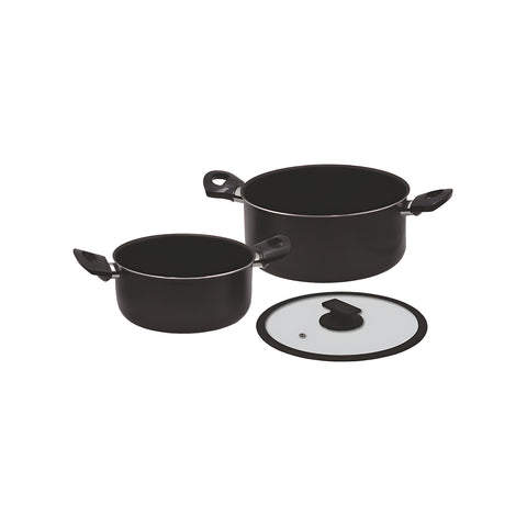 2er-Set Aluminium-Kochtöpfe mit Glasdeckel 20/24cm Schwarz
