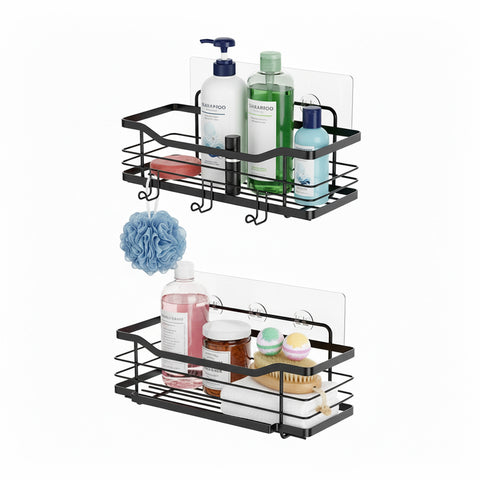 Set 2 Mensole Adesive da Parete in Acciaio Nero per Bagno e Cucina