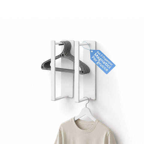 2er-Set magnetische Kleiderbügel-Organizer in Weiß aus Stahl, vertikaler platzsparender Halter für Schrank und Garderobe, Tragkraft 10 kg