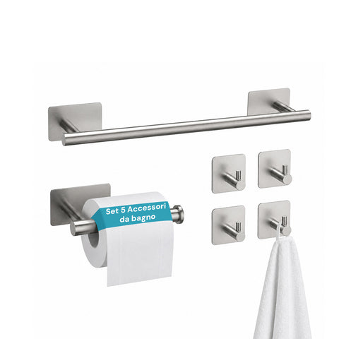 avilia home set 5 accessori bagno adesivi grigio in acciaio inox portata 25kg completo di porta rotolo e ganci per asciugamani ean 8052879012020