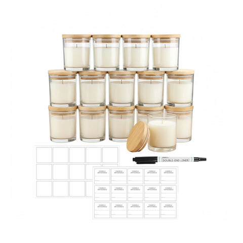 Set mit 15 Kerzengläsern aus Glas, 170 ml, mit Bambusdeckel