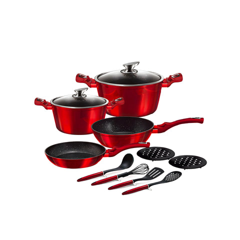 12-teiliges Topfset aus Aluminium, Rot