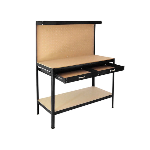 Werkbank mit 2 Ablagen und 1 Schublade aus Stahl mit MDF-Rückwand 150x120x60cm