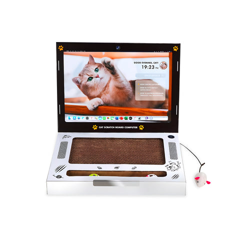 Interaktiver Laptop-Kratzbaum für Katzen mit integrierten Spielen