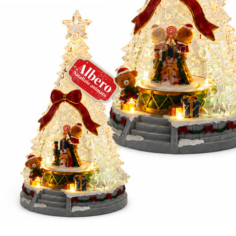 Beleuchteter JoyTree-Weihnachtsbaum mit Musik und 360°-Animation, LED-Lichtern, Szene mit Teddybären und Nussknackern, dualer USB-Stromversorgung, 32,5 cm