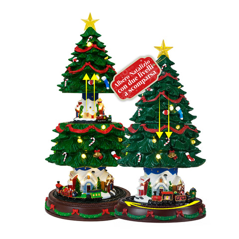 Beleuchteter SpinPine-Weihnachtsbaum, 45,5 cm, mit Dorf und rotierendem Zug, warmweißen LED-Lichtern, Weihnachtsmusik, USB- oder Batteriebetrieb