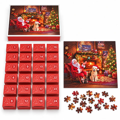 Adventskalender-Puzzle mit 1008 Teilen zum Zusammensetzen in 24 Tagen, Weihnachtsszene mit Weihnachtsmann und Hund, fertiges Puzzle 70x50 cm