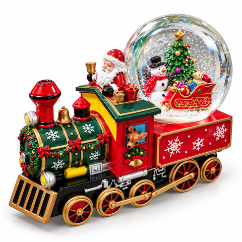 Weihnachtliche Spieluhr-Lokomotive mit Schneekugel aus Glas, Weihnachtsmann im Zug, mechanischer Aufzug, Maße 22x13x17,5 cm