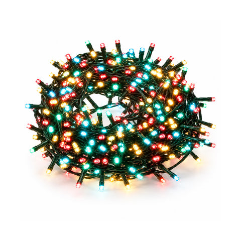 Programmierbare Lichterkette mit 180 LEDs für innen und außen, Weihnachtsbeleuchtung mit 8 Lichtspielen, 7 Farben verfügbar, grünes Kabel und Transformator inklusive