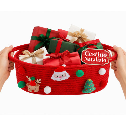 Roter Weihnachtskorb aus Baumwollseil, 30x20x12 cm, mit Griffen